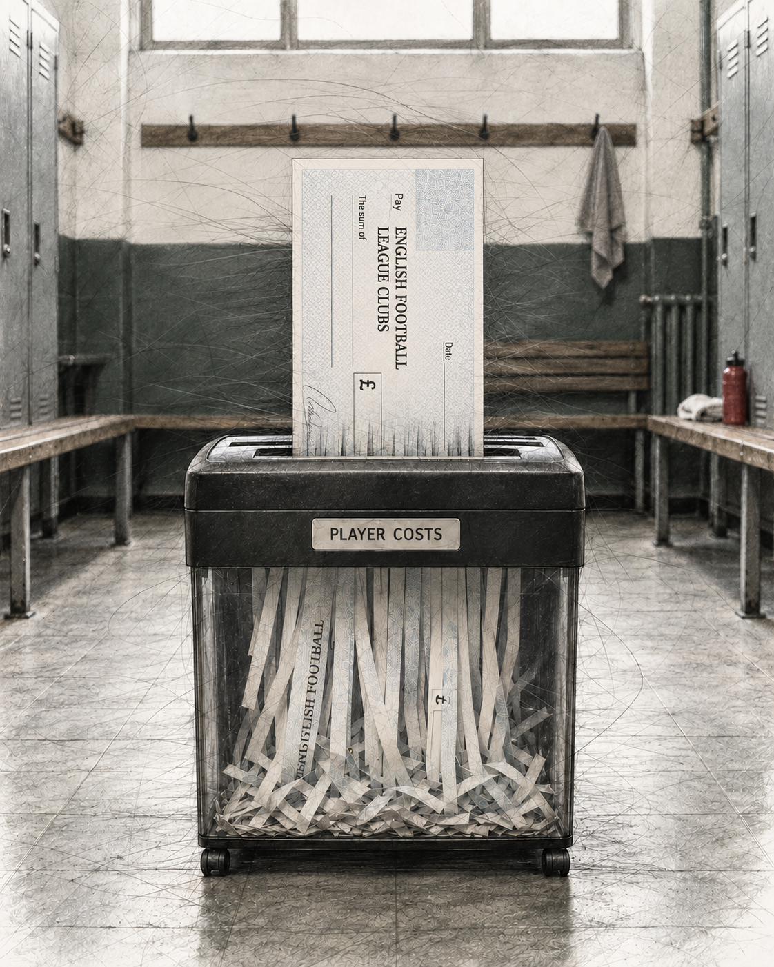 An English Football League cheque marked "English Football League Clubs" feeding into a paper shredder labelled Player Costs, in a pencil-sketched dressing room