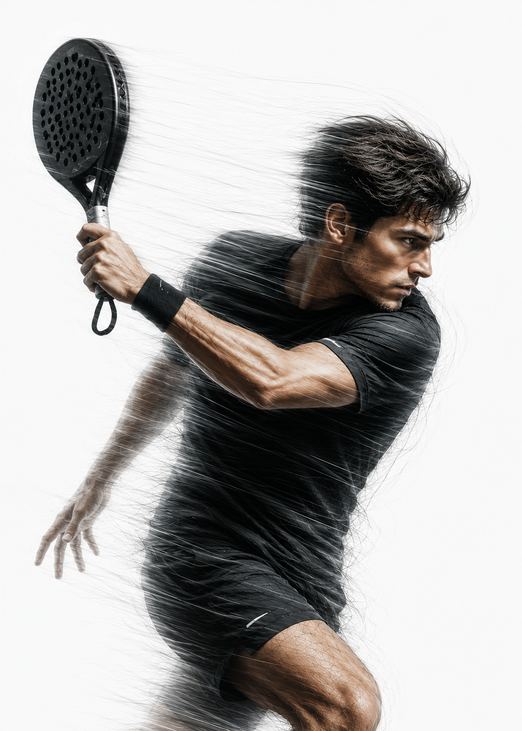Sketched monochrome illustration of a padel player mid-swing with a black paddle, motion lines streaking across the frame.