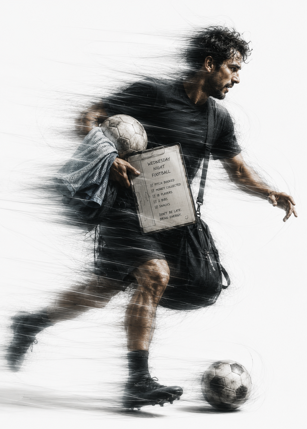 A sketched footballer running with a ball, clipboard and kit bag, surrounded by motion lines.