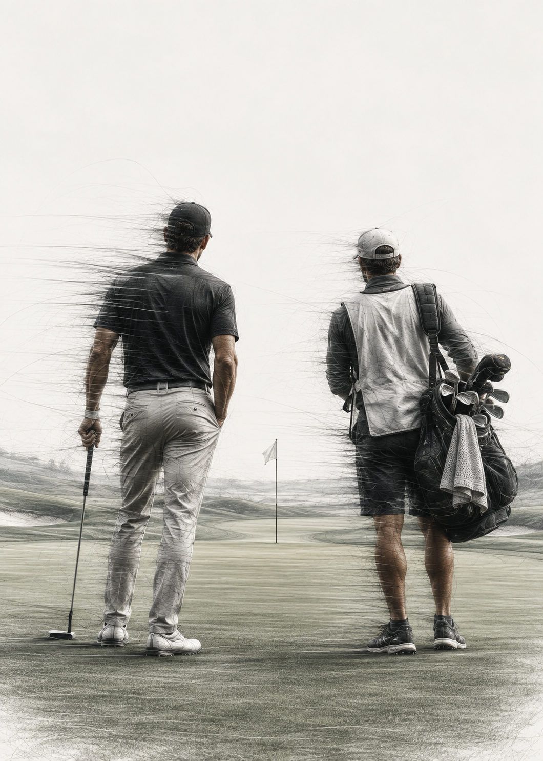 A golfer and caddie stand side by side facing a flag on the green, rendered in windswept pencil strokes