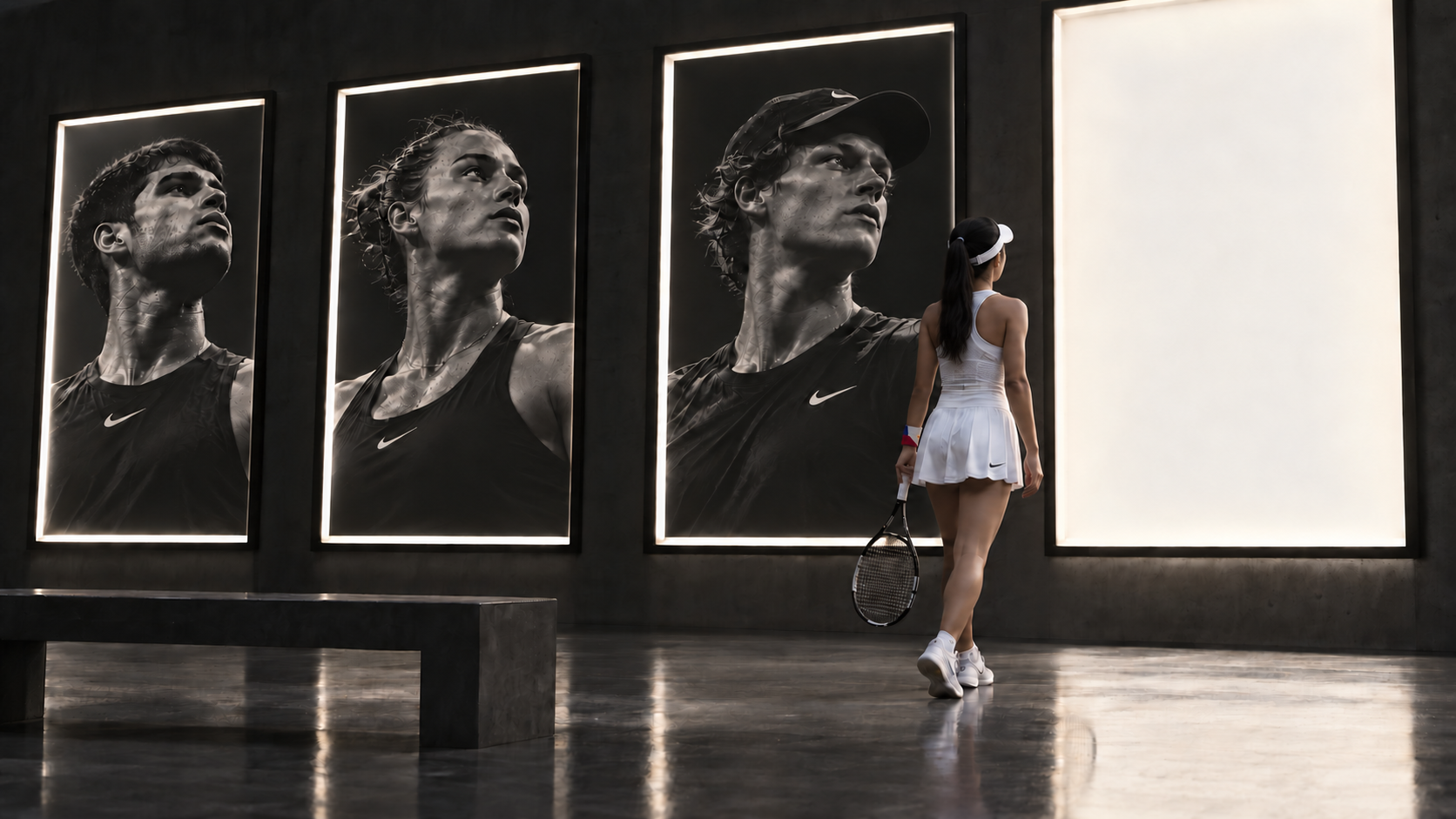 A tennis player in white standing in a dark gallery of large illuminated black-and-white portraits of Nike athletes, beside one empty glowing frame.